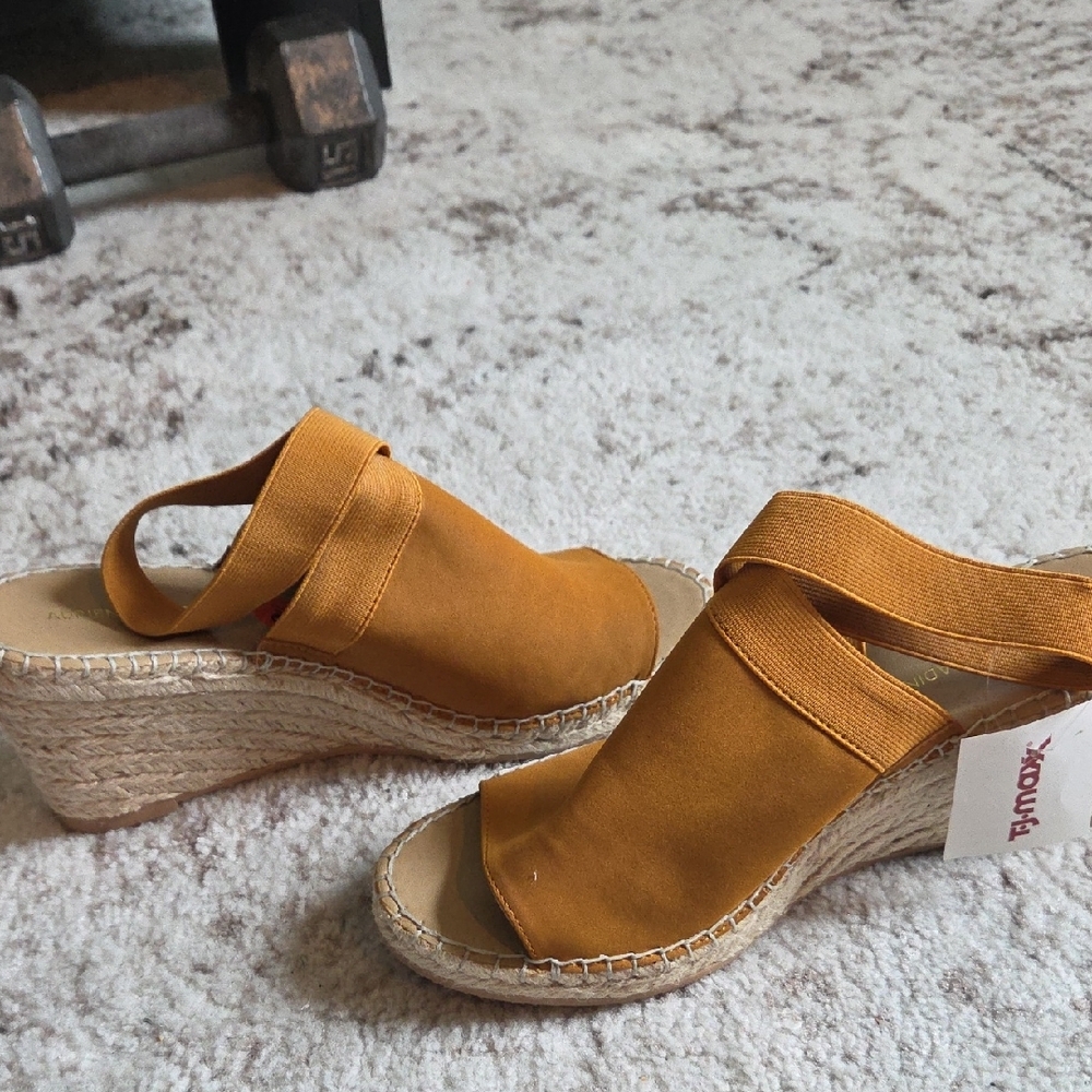 Tan Espadrille Wedge Sandals with Adjustable Strap - Picture 8 of 9